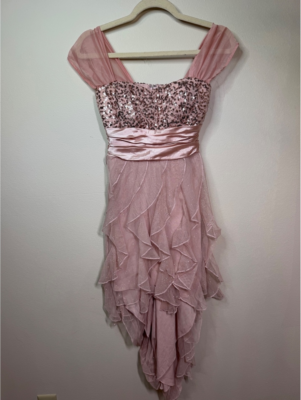 Y2K vintage fairy high low Pink Sequin Ruffle Formal Dress Size 5